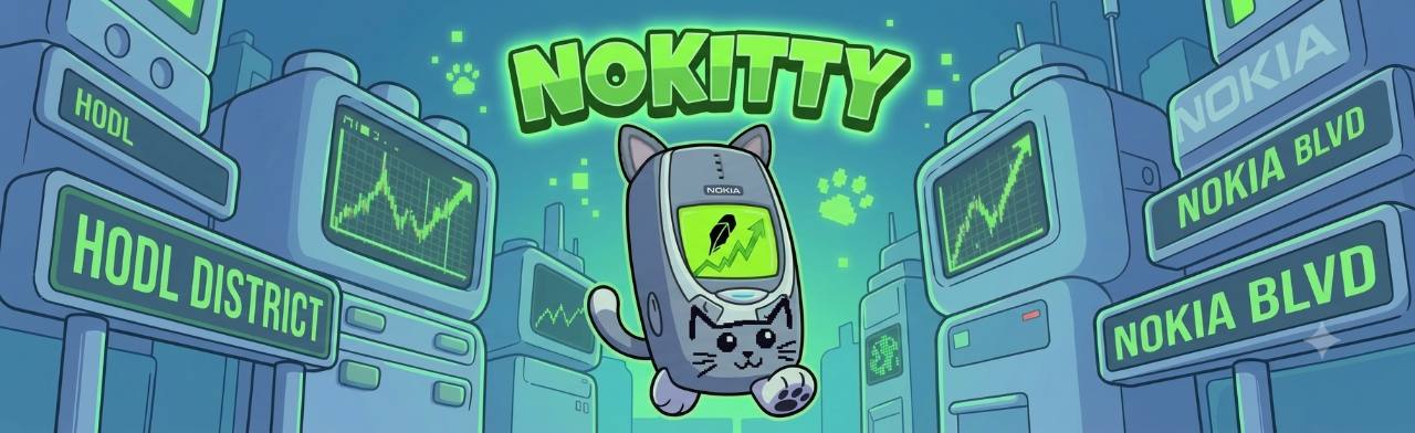 NoKitty floating through a blue retro city of old mobile phones and glowing green displays
