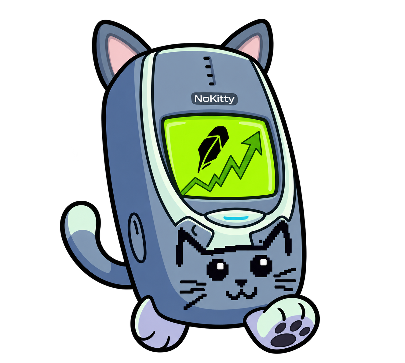 NoKitty, a blue retro mobile phone with cat ears, a pixel cat face, a tail and little paws
